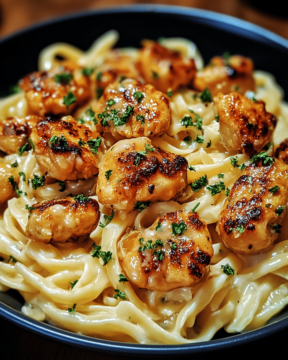 Garlic Butter Chicken Bites with Creamy Parmesan Pasta delight!