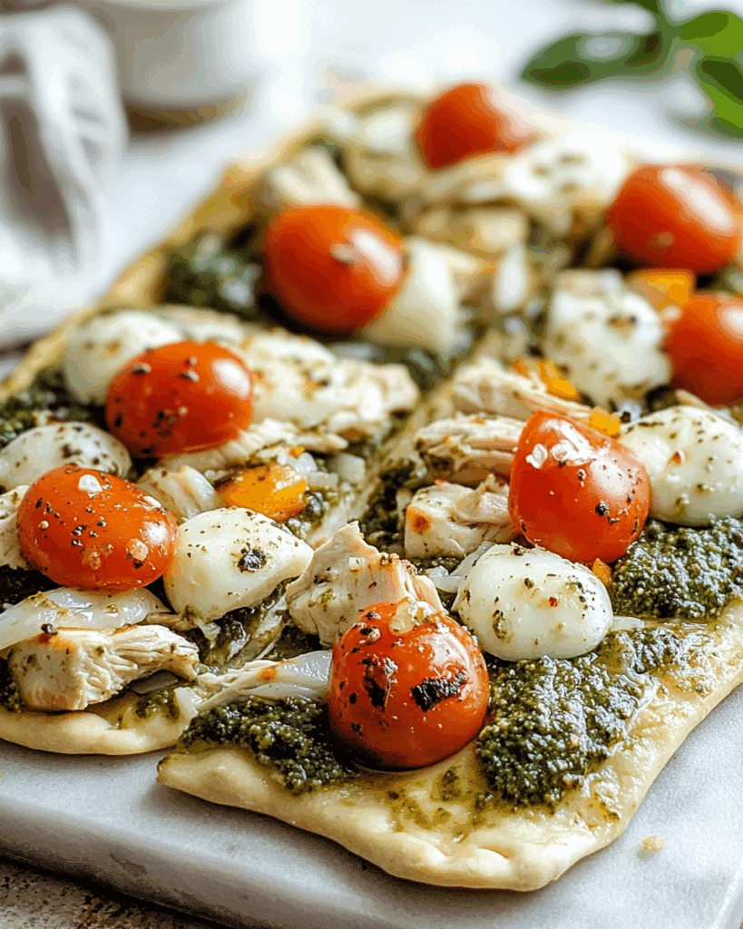 Savory Chicken Flatbread with Pesto and Veggies 1