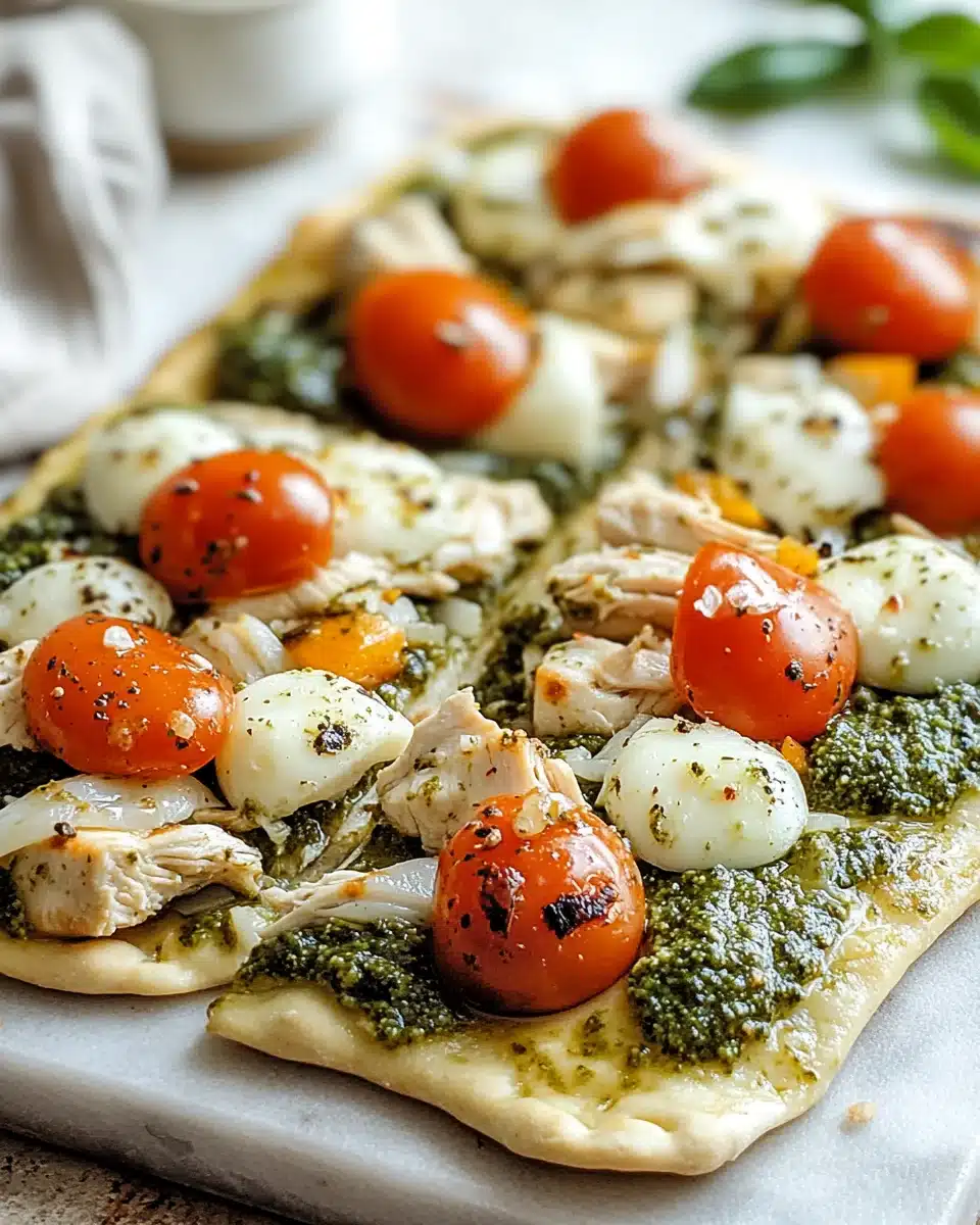 Savory Chicken Flatbread with Pesto and Veggies you’ll love!