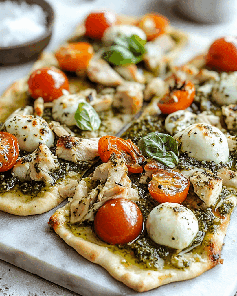 Savory Chicken Flatbread with Pesto and Veggies 2 1