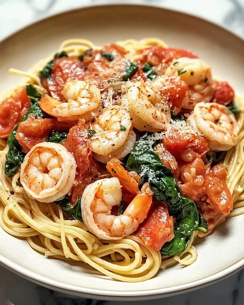 Garlic Tomato Spinach Shrimp Pasta for a Quick Dinner Delight