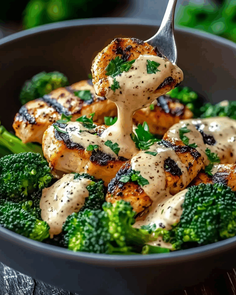 Grilled Chicken and Broccoli Bowls with Creamy Garlic Sauce