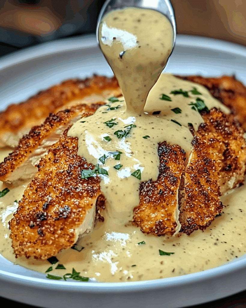 Parmesan Crusted Chicken with Creamy Garlic Sauce