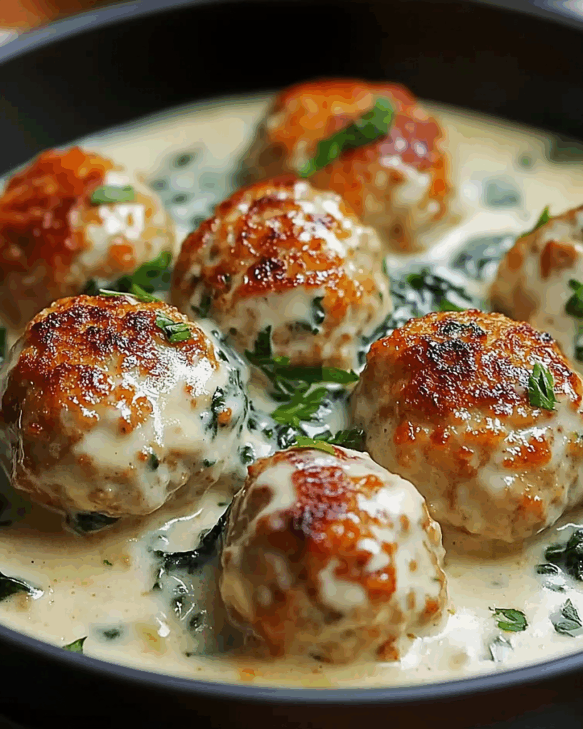 Savory Baked Chicken Ricotta Meatballs with Spinach Alfredo Sauce 2