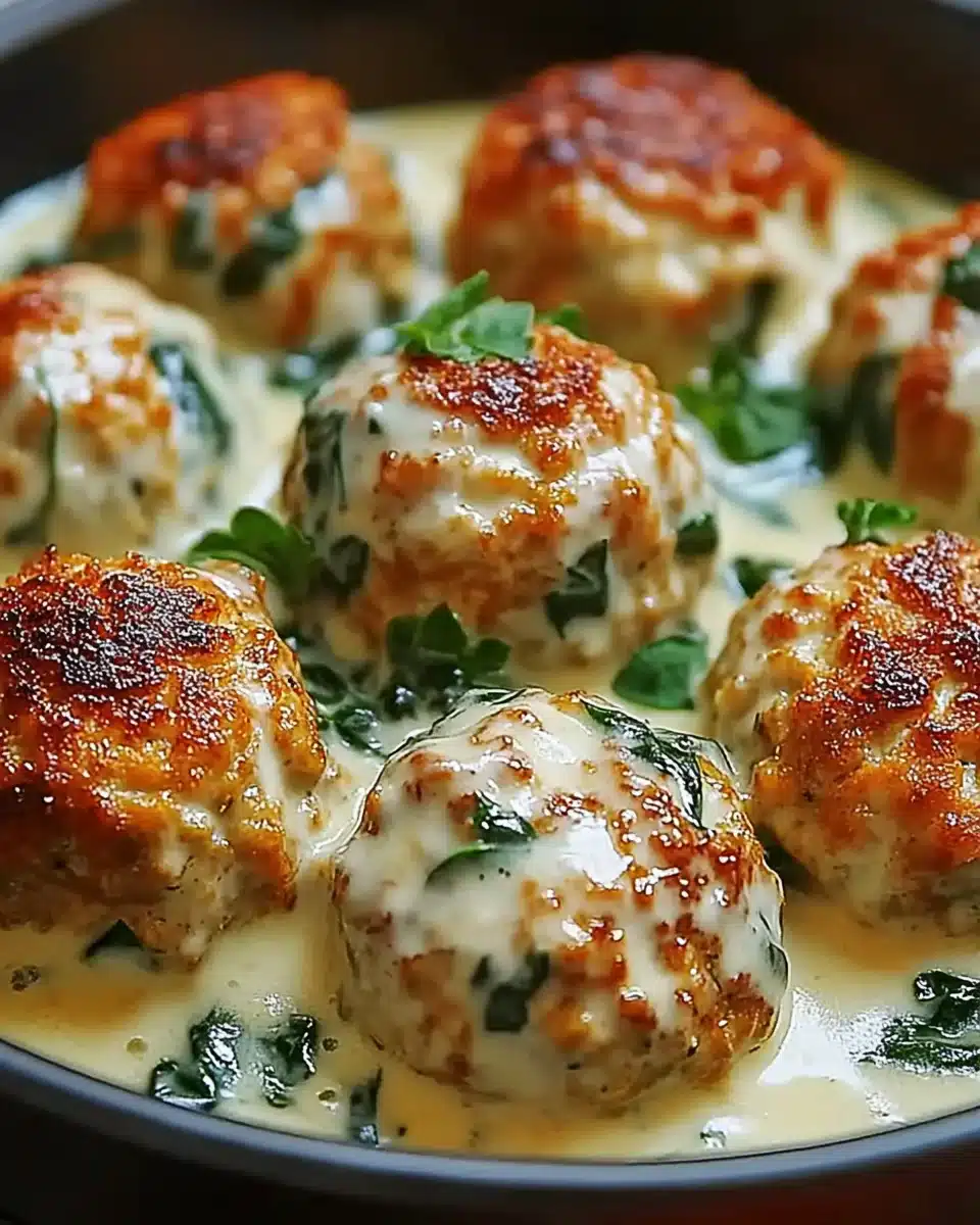 Savory Baked Chicken Ricotta Meatballs With Spinach Sauce!