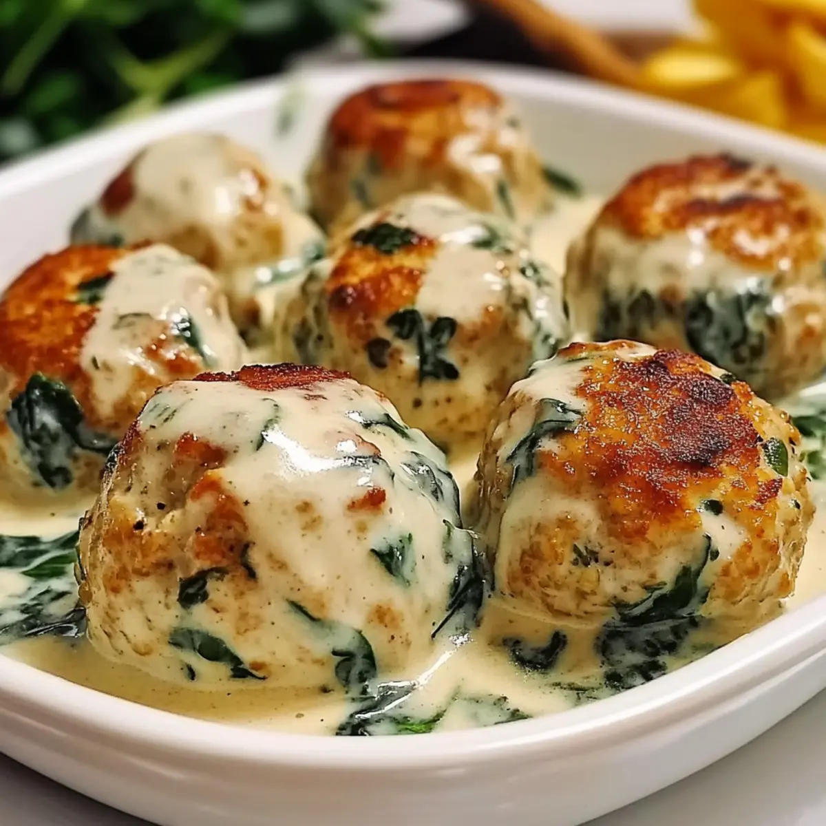 Baked Chicken Ricotta Meatballs with Spinach Alfredo Sauce Delight