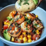 Grilled Shrimp Bowl with Avocado, Corn Salsa & Creamy Garlic Sauce