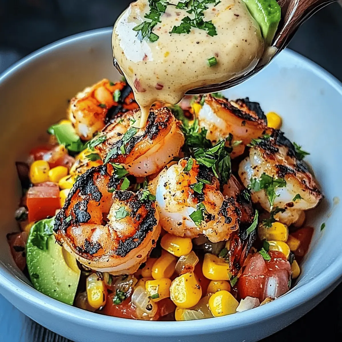 Delicious Grilled Shrimp Bowl with Avocado & Creamy Garlic Sauce