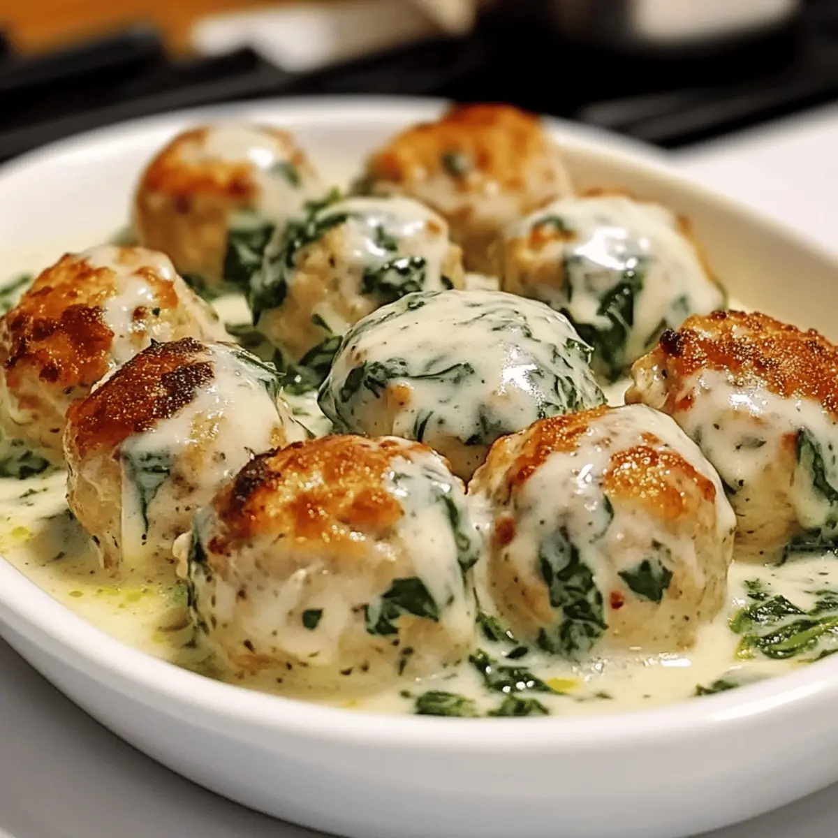 Baked Chicken Ricotta Meatballs with Spinach Alfredo Sauce Delight