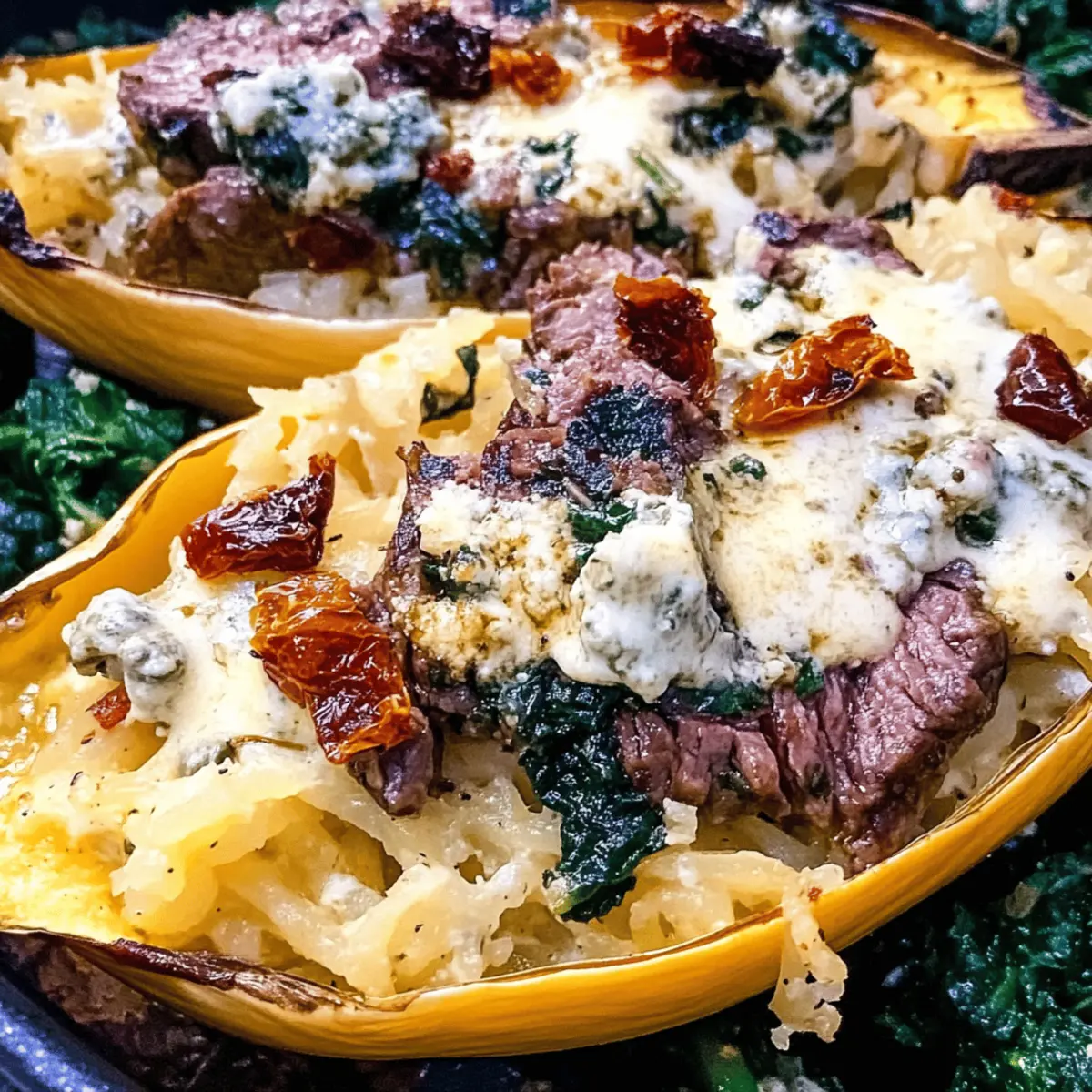 Keto Low Carb Steak Gorgonzola Alfredo Spaghetti Squash Bliss