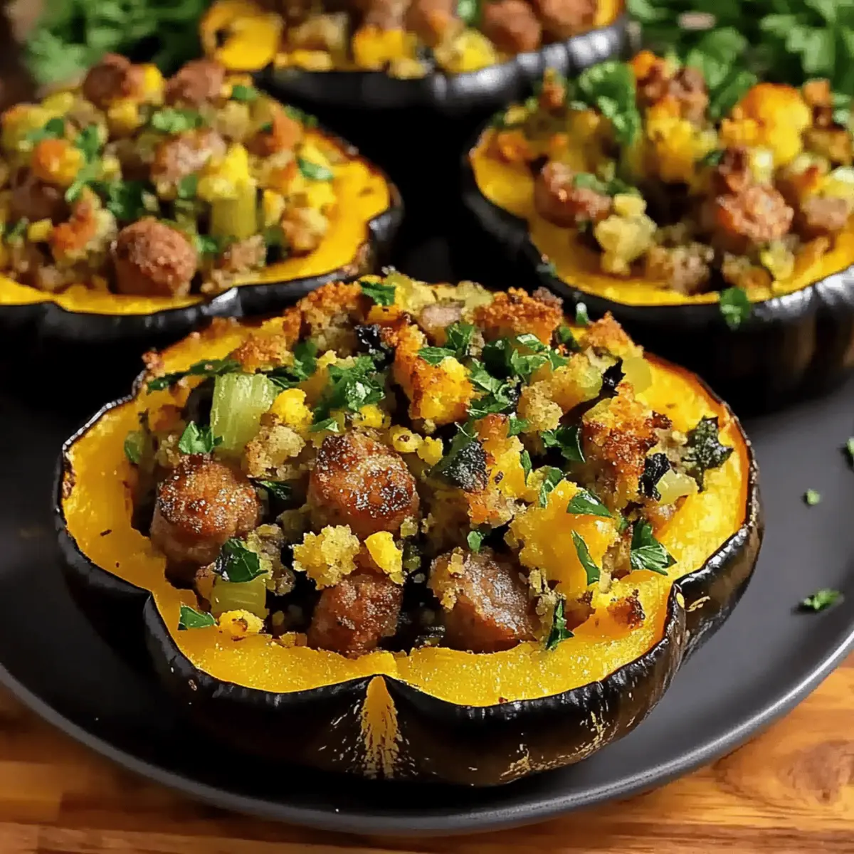 Sausage Stuffed Acorn Squash with Cornbread Stuffing pqdwek