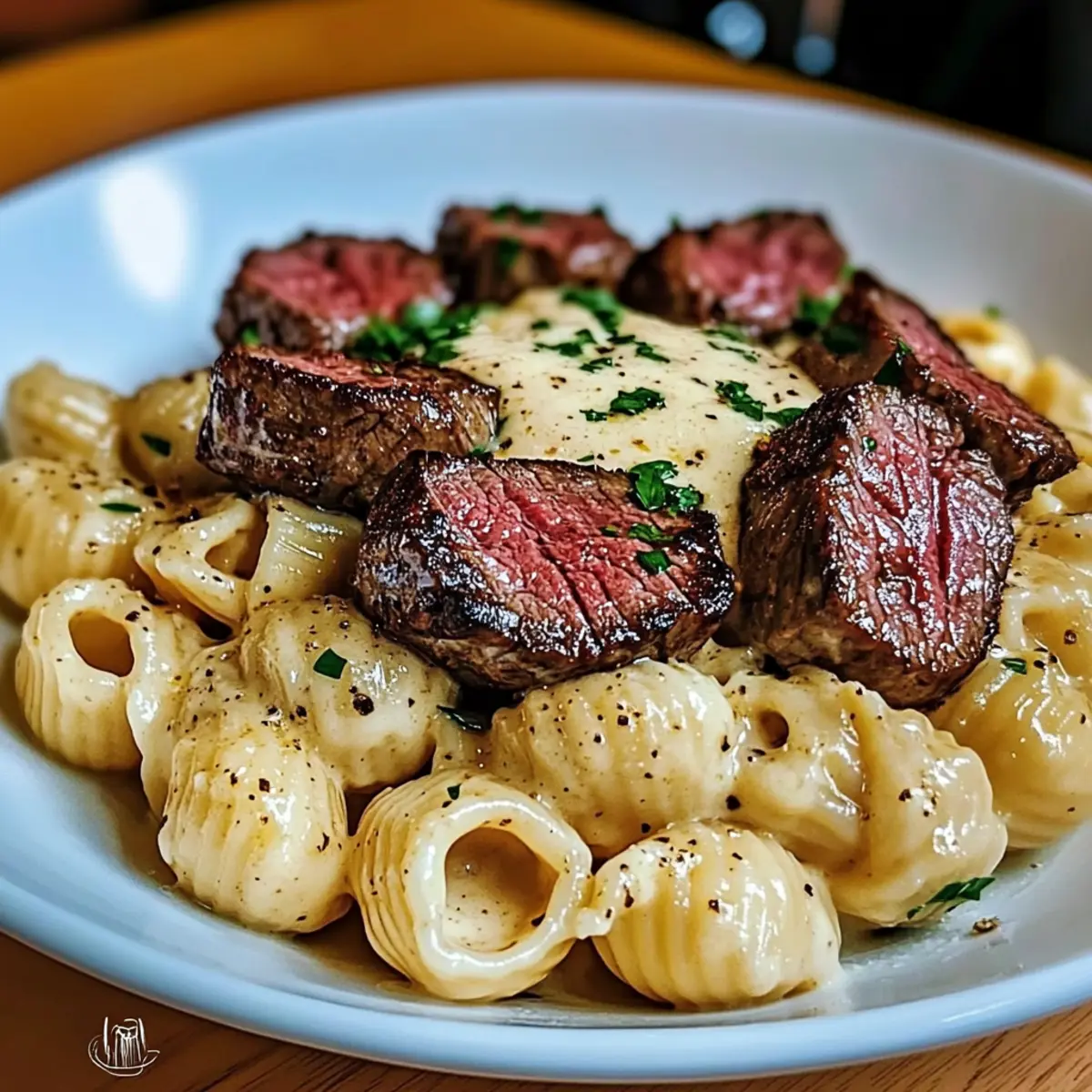 Steak Bites and Shell Pasta in Creamy Garlic Bliss