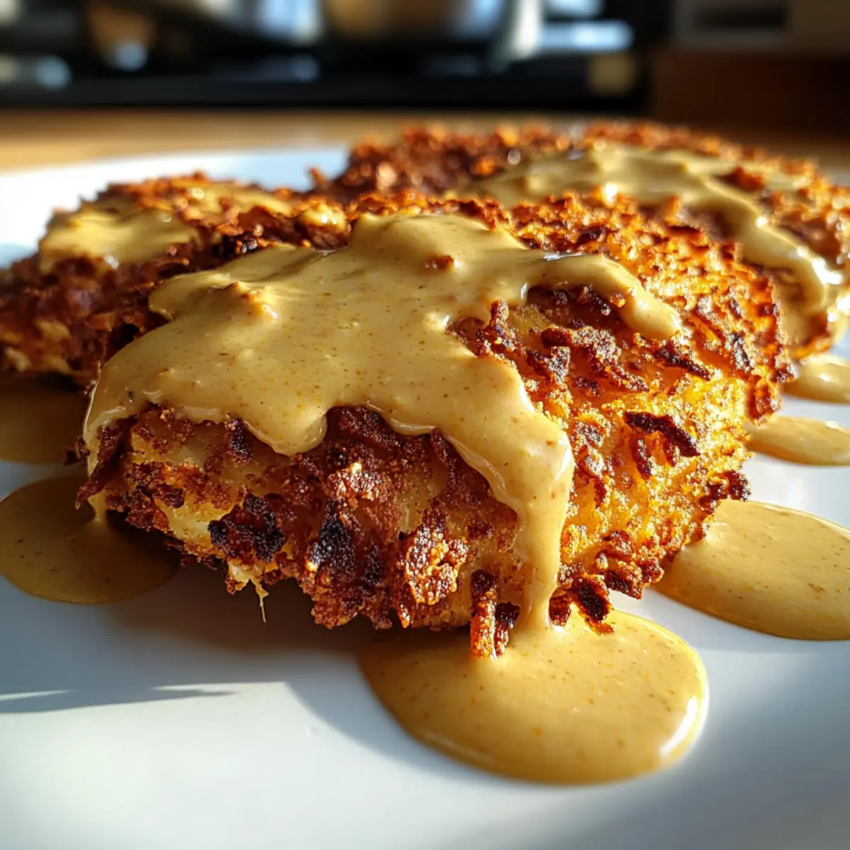 Crispy Pretzel Chicken with Mustard-Cheddar Sauce Delight